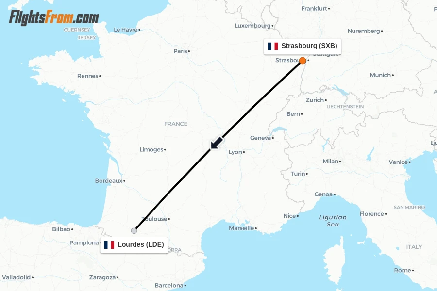 Flights from Strasbourg to Lourdes route map