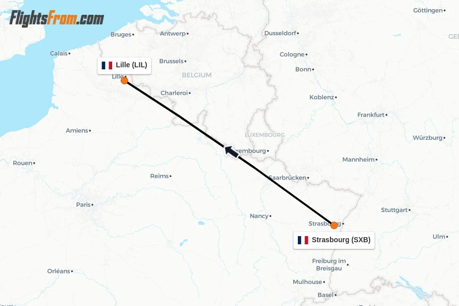 Flights from Strasbourg to Lille route map