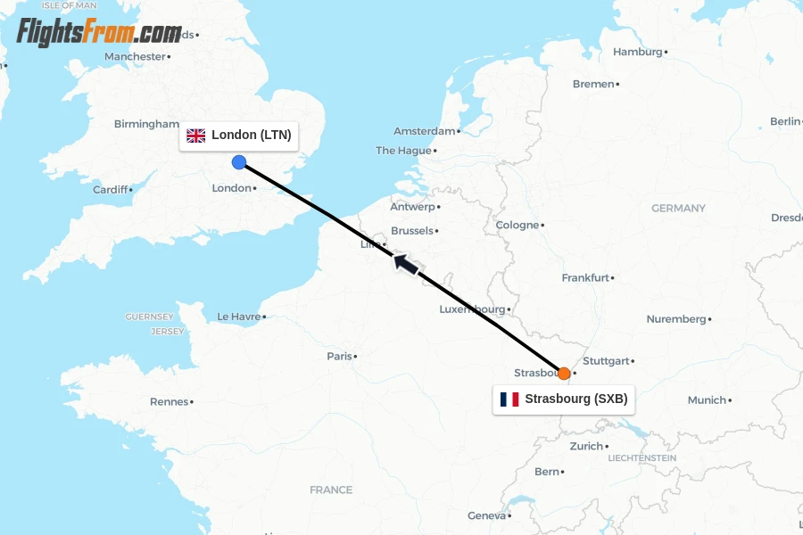 Flights from Strasbourg to London route map