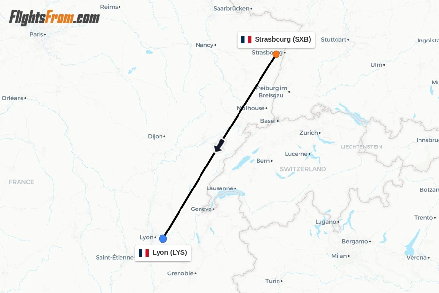 Flights from Strasbourg to Lyon route map