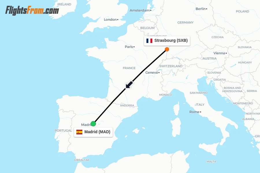 Flights from Strasbourg to Madrid route map