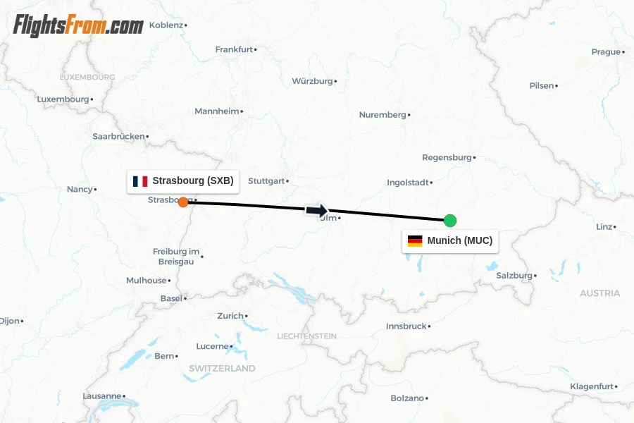 Flights from Strasbourg to Munich route map