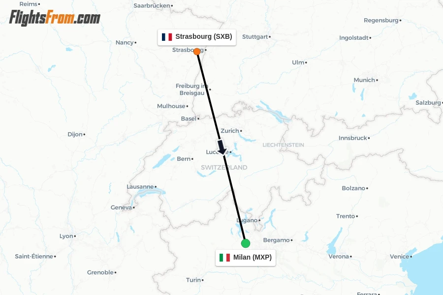 Flights from Strasbourg to Milan route map