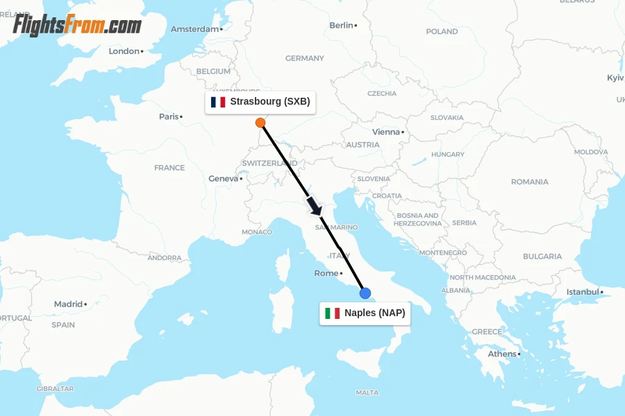 Flights from Strasbourg to Naples route map