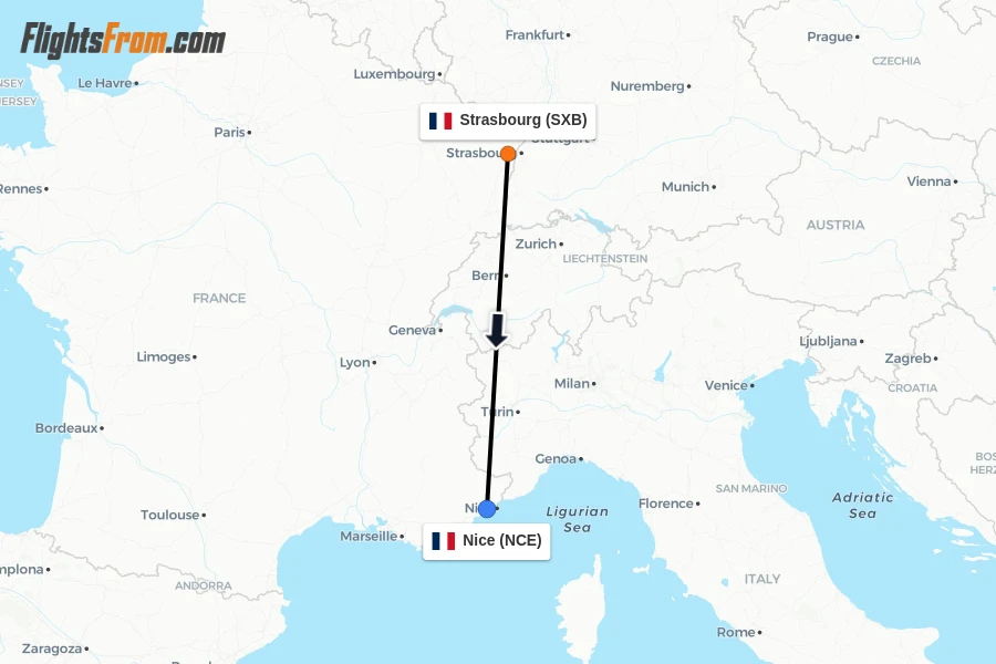 Flights from Strasbourg to Nice route map