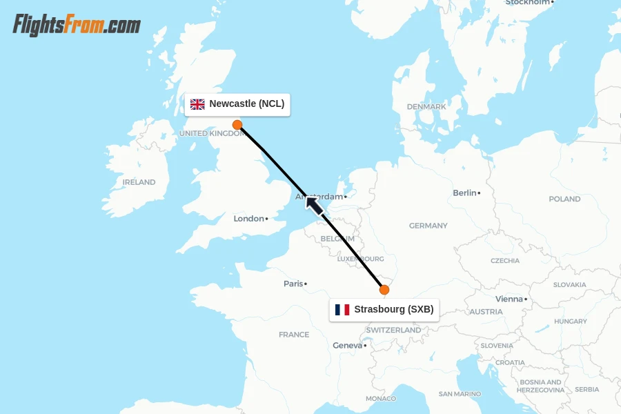 Flights from Strasbourg to Newcastle route map