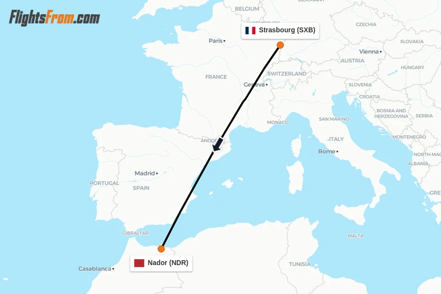 Flights from Strasbourg to Nador route map