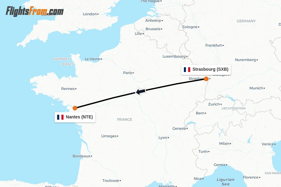 Flights from Strasbourg to Nantes route map
