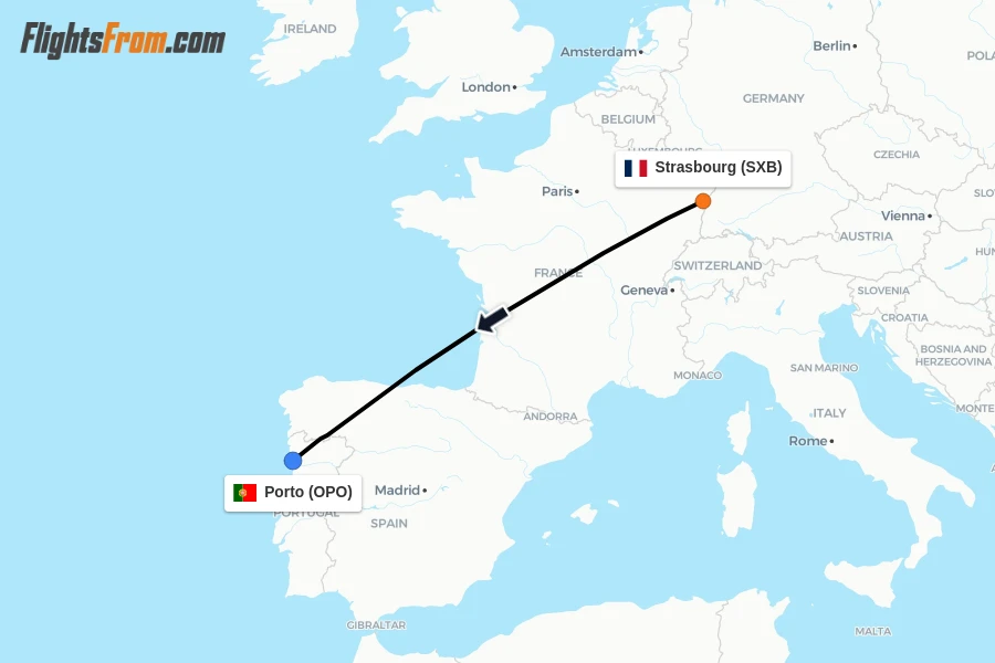 Flights from Strasbourg to Porto route map