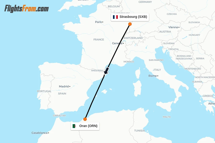 Flights from Strasbourg to Oran route map