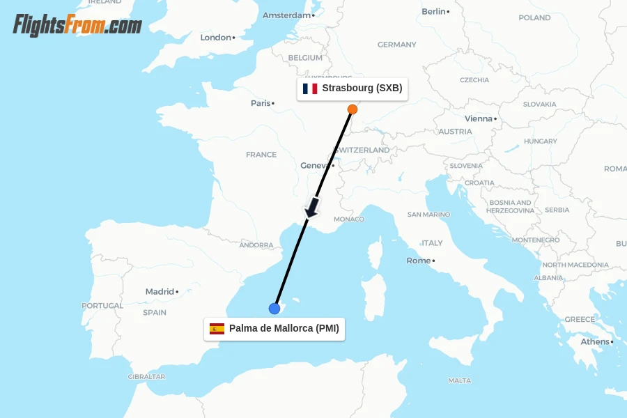 Flights from Strasbourg to Palma de Mallorca route map