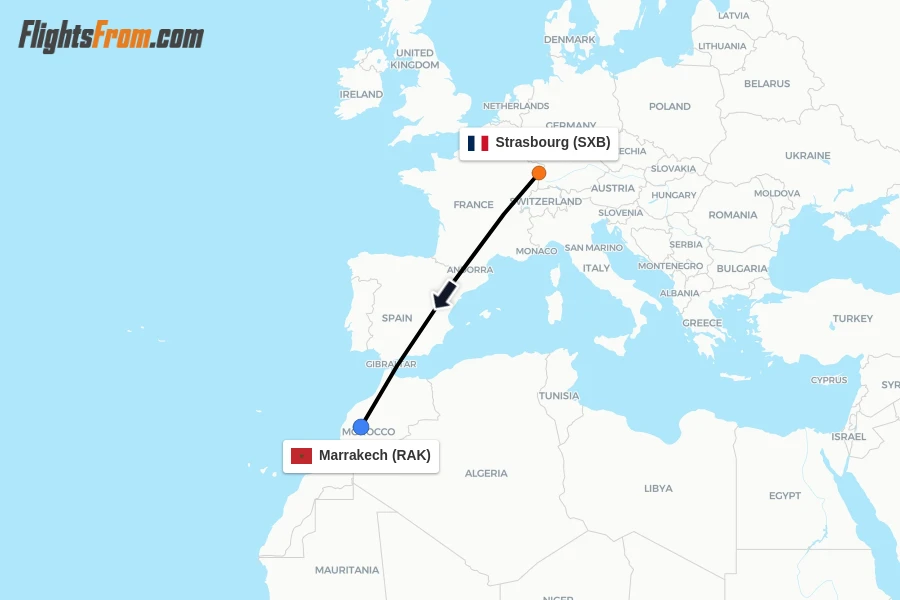 Flights from Strasbourg to Marrakech route map