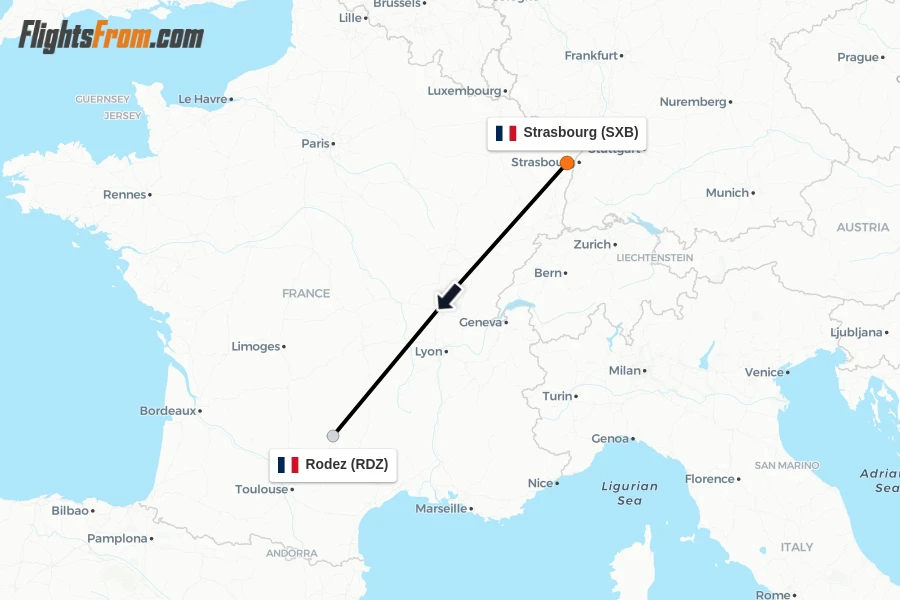 Flights from Strasbourg to Rodez route map