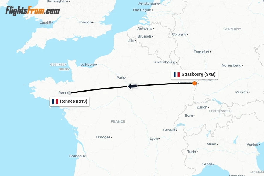Flights from Strasbourg to Rennes route map