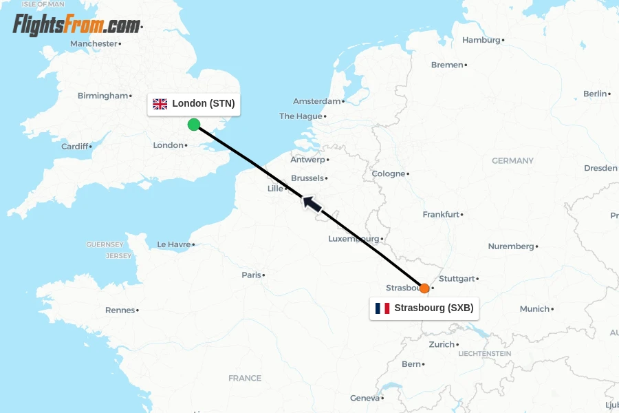 Flights from Strasbourg to London route map