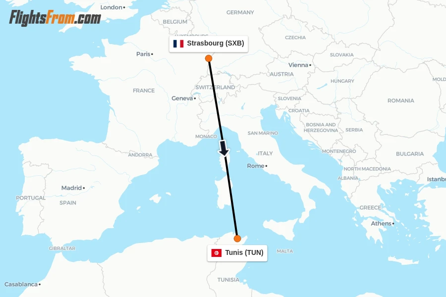 Flights from Strasbourg to Tunis route map