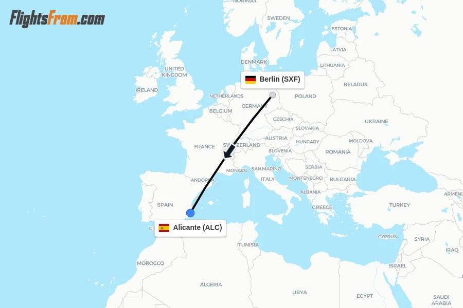 Flights from Berlin to Alicante route map