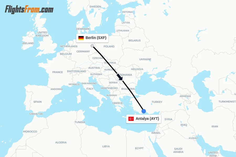 Flights from Berlin to Antalya route map