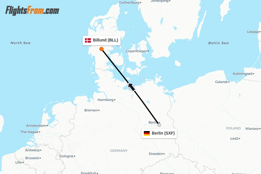 Flights from Berlin to Billund route map