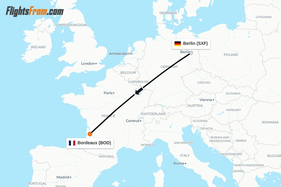 Flights from Berlin to Bordeaux route map