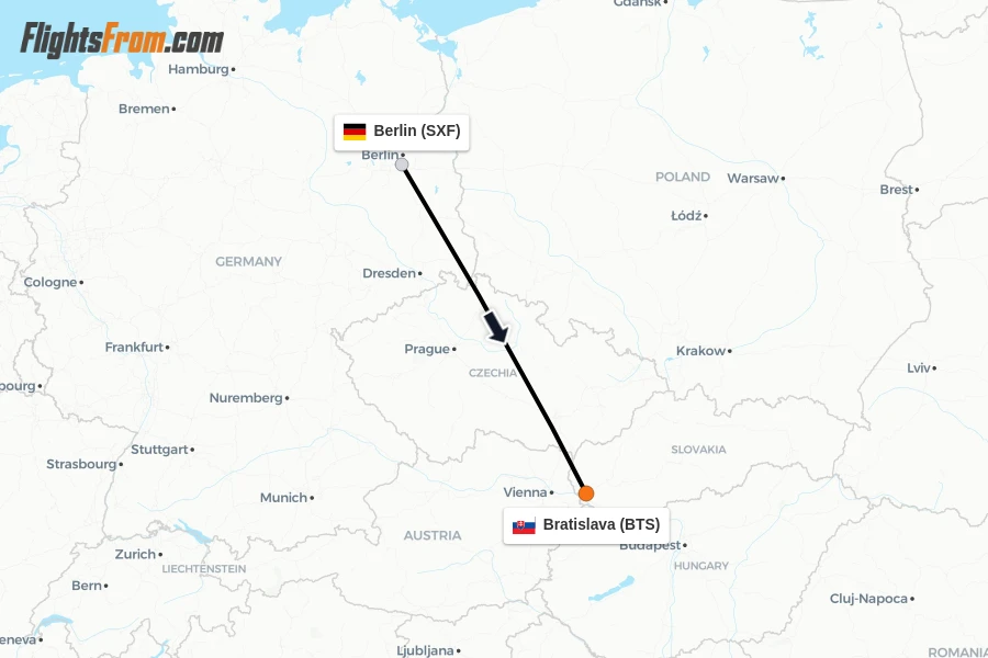Flights from Berlin to Bratislava route map