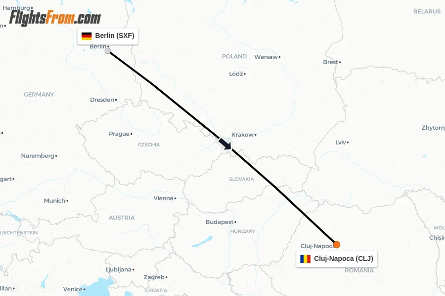 Flights from Berlin to Cluj-Napoca route map