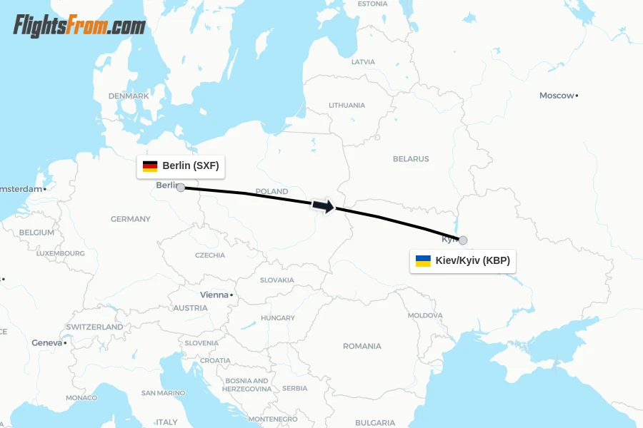 Flights from Berlin to Kiev/Kyiv route map