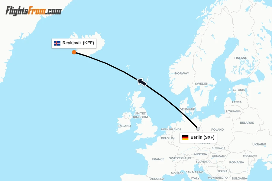 Flights from Berlin to Reykjavik route map