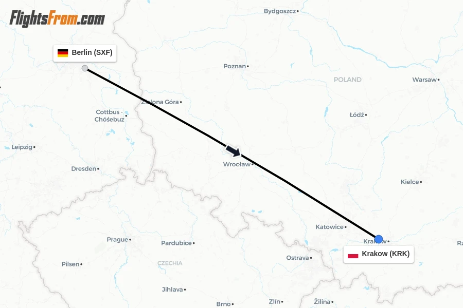 Flights from Berlin to Krakow route map