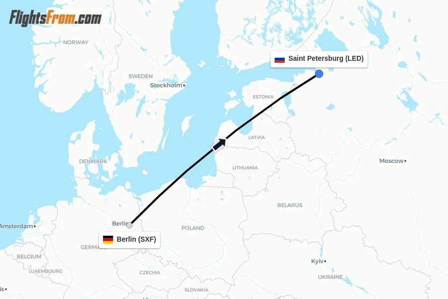 Flights from Berlin to Saint Petersburg route map