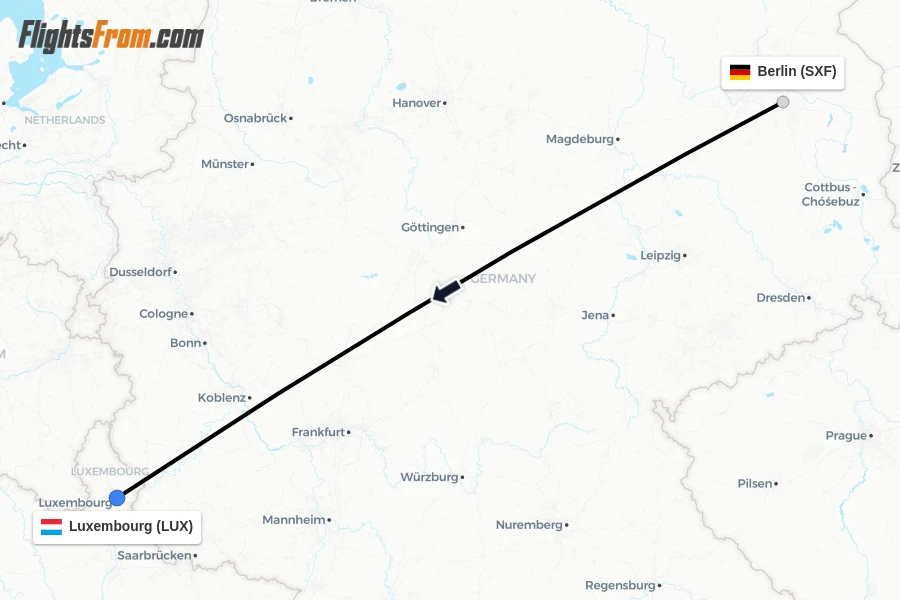 Flights from Berlin to Luxembourg route map
