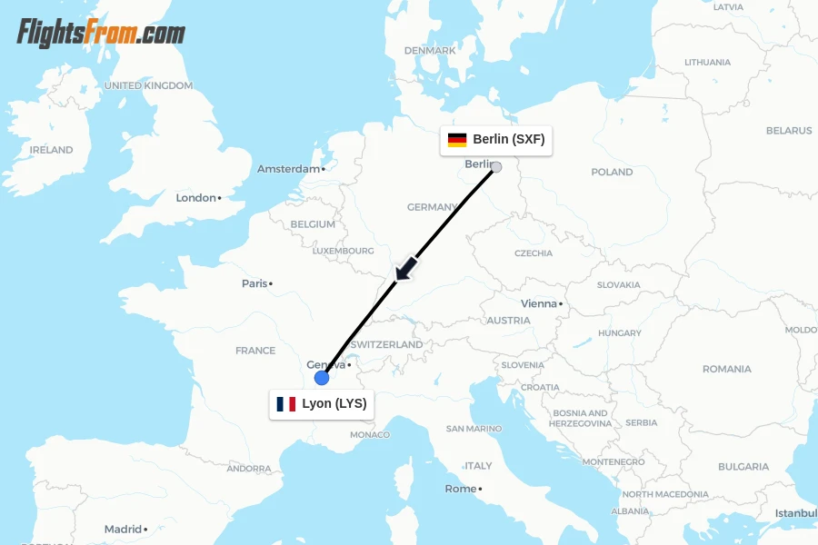 Flights from Berlin to Lyon route map
