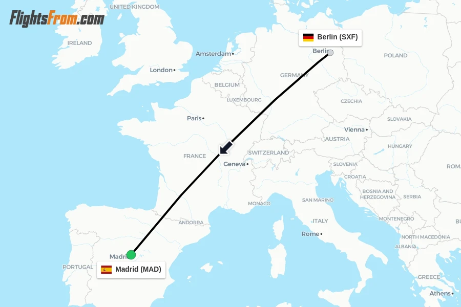 Flights from Berlin to Madrid route map