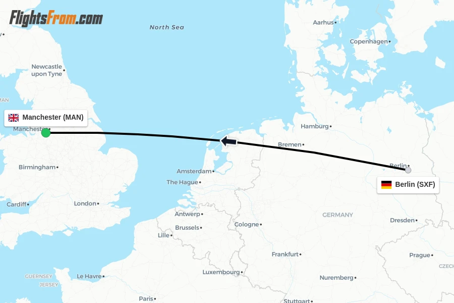 Flights from Berlin to Manchester route map