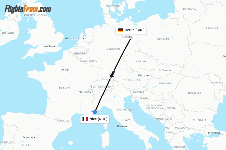 Flights from Berlin to Nice route map