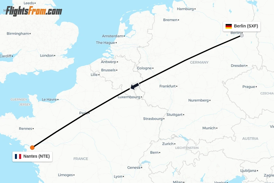 Flights from Berlin to Nantes route map