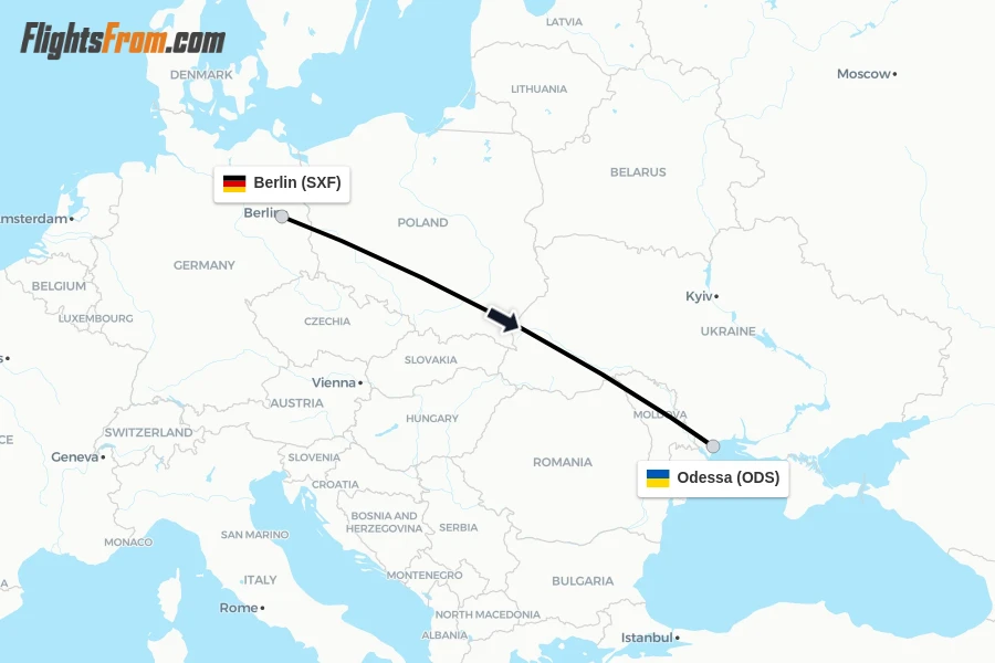 Flights from Berlin to Odessa route map