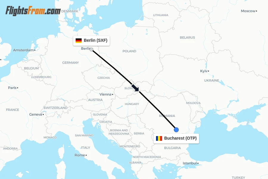Flights from Berlin to Bucharest route map