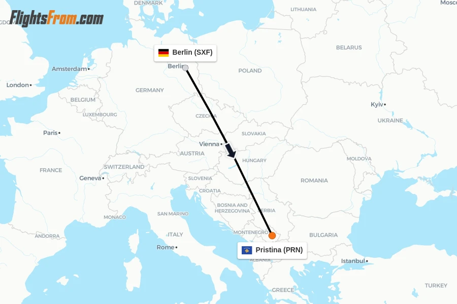 Flights from Berlin to Pristina route map