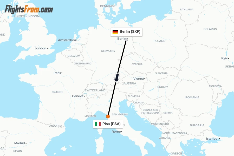 Flights from Berlin to Pisa route map
