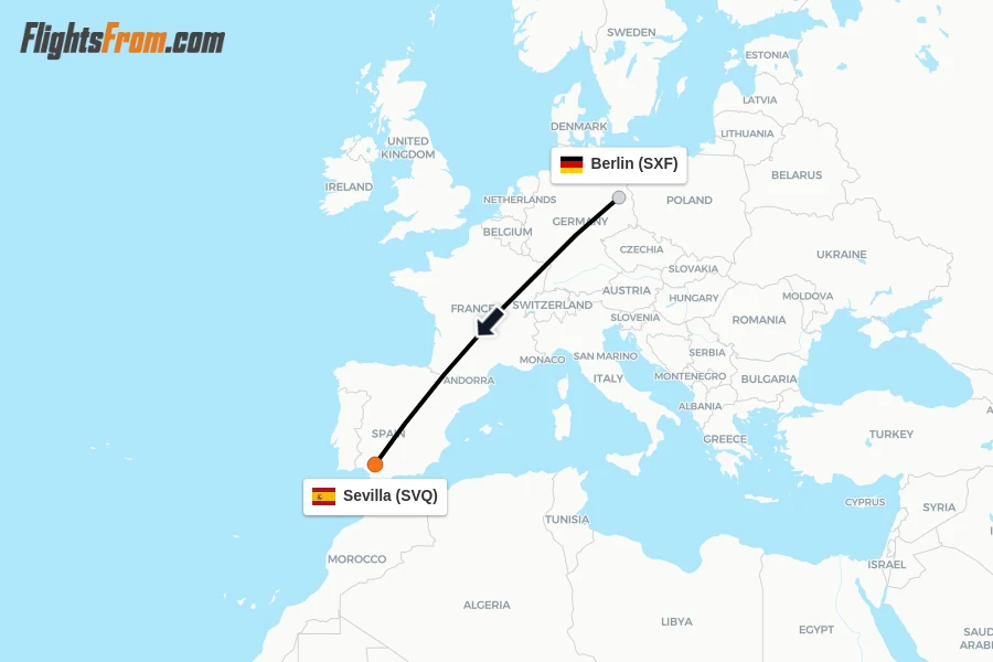Flights from Berlin to Sevilla route map