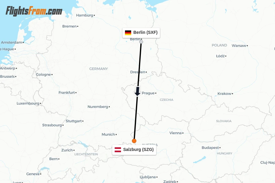Flights from Berlin to Salzburg route map