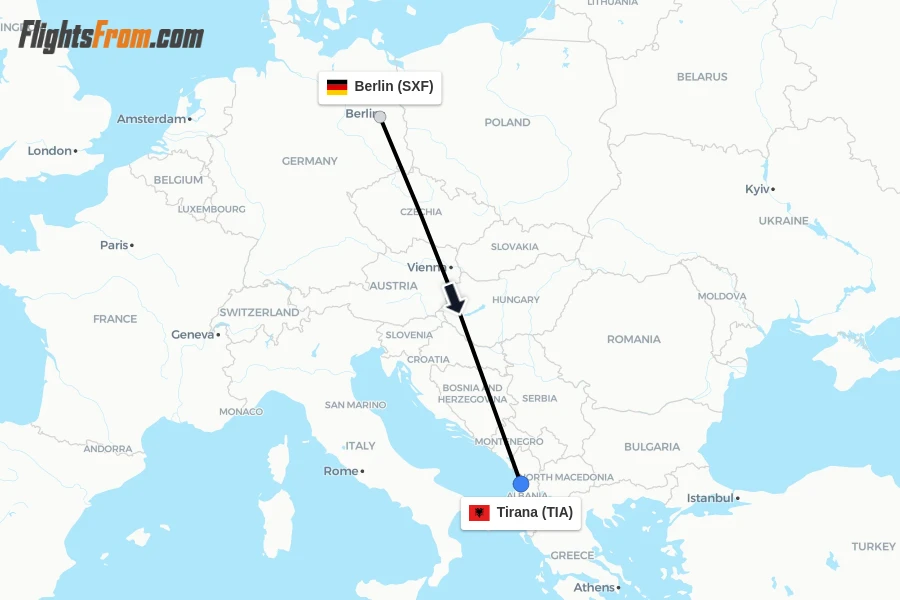 Flights from Berlin to Tirana route map