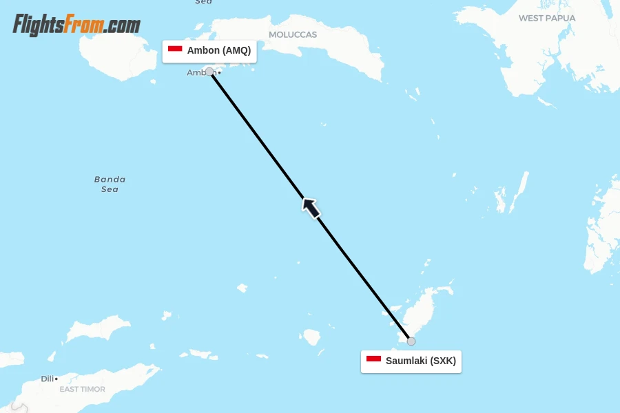 Flights from Saumlaki to Ambon route map
