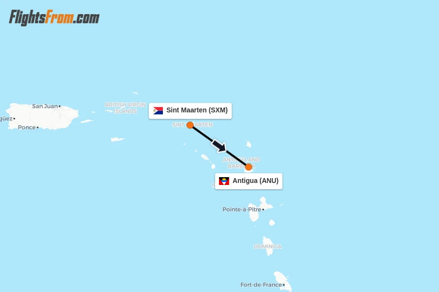 Flights from Sint Maarten to Antigua route map