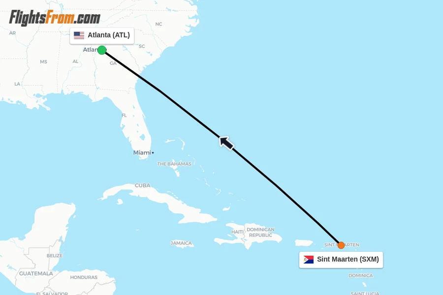 Flights from Sint Maarten to Atlanta route map