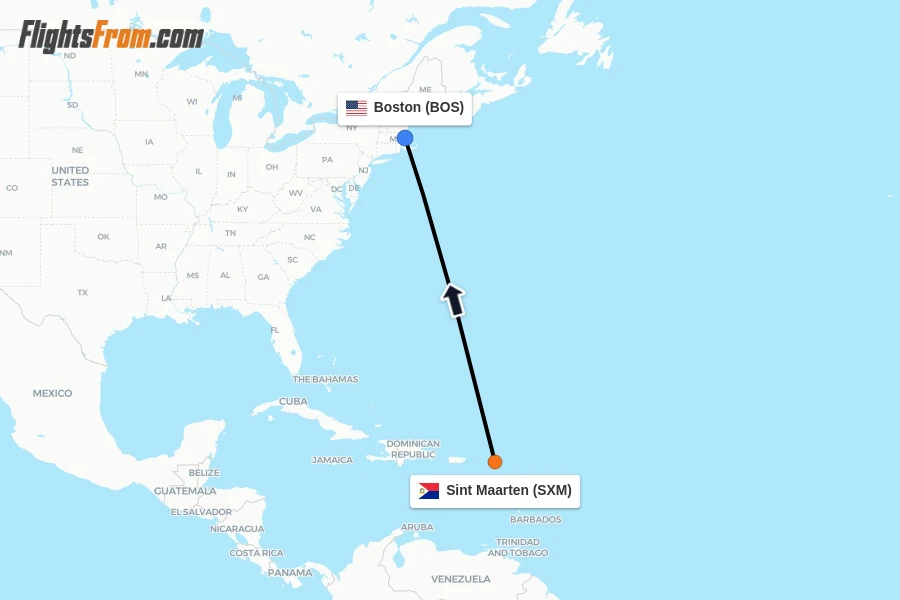 Flights from Sint Maarten to Boston route map