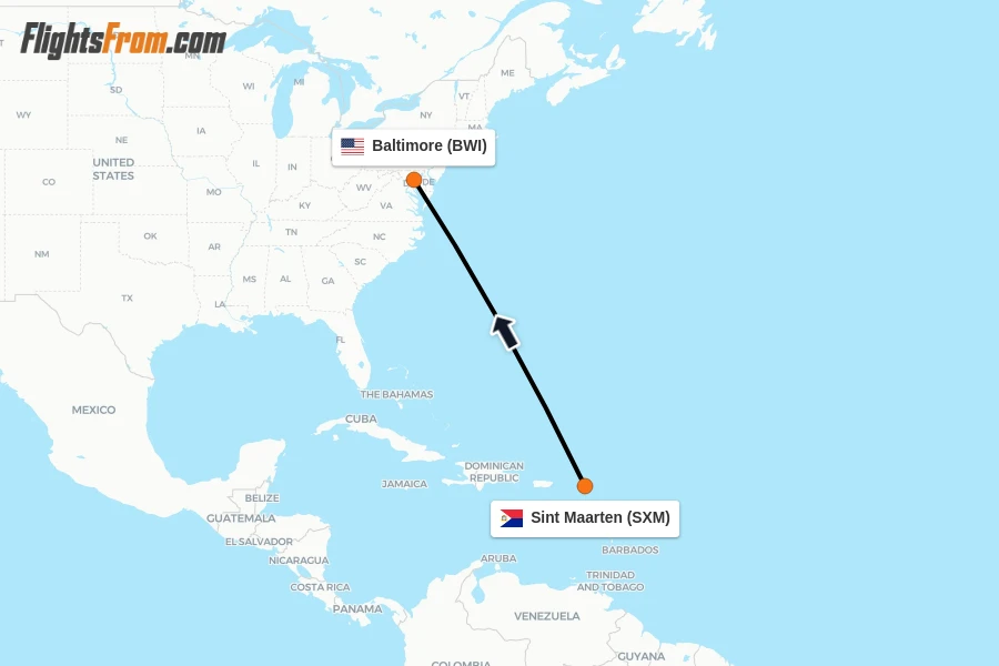 Flights from Sint Maarten to Baltimore route map