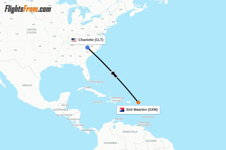 Flights from Sint Maarten to Charlotte route map