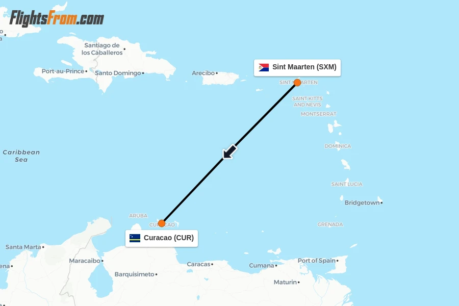 Flights from Sint Maarten to Curacao route map